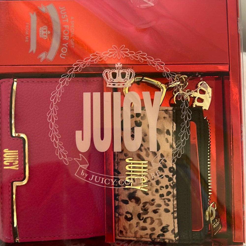 Juicy couture two piece wallet set and keychain pink and Animal print